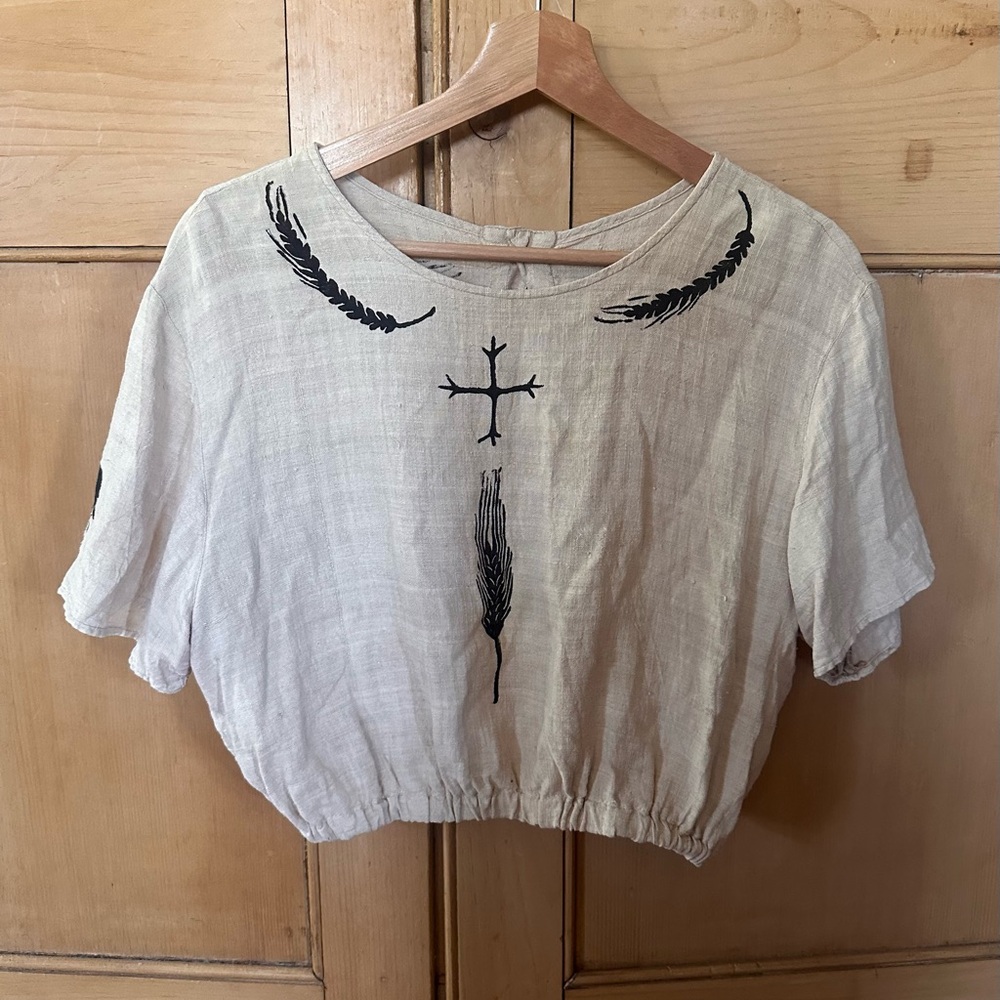 Embroidered Cream Crop Top with Black block handprint Motif